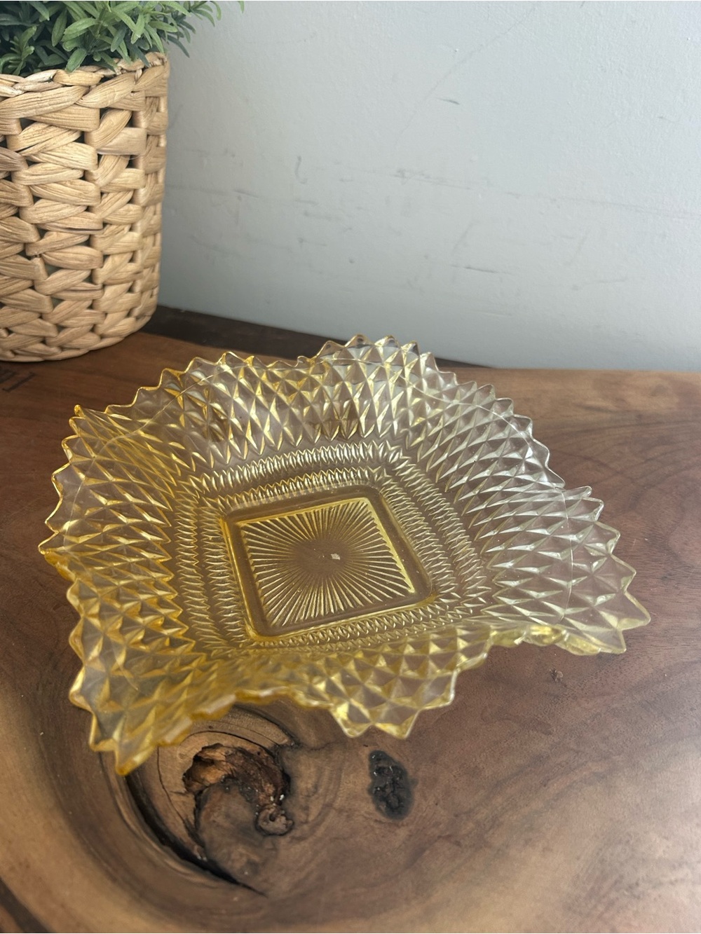 Vintage Yellow SQ Indiana Glass Diamond Point Trinket/Candy/Ashtray